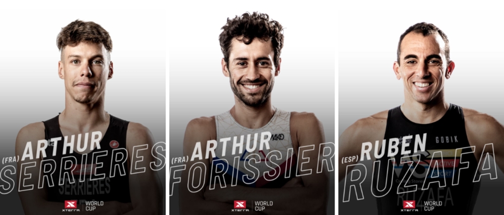 世錦賽男子前三名 Arthur Serrieres（左起）、 Arthur Forissier和 Ruben Ruzafa 時隔不到半年，馬上要登台對抗。XTERRA Taiwan提供。
