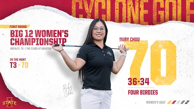 來自台灣、就讀愛荷華州立大學二年級的周翊庭(Ruby Chou)，在大12聯盟錦標賽第一天打出-1(70)，暫時排名個人第三。(圖 / Iowa State Women's Golf)
