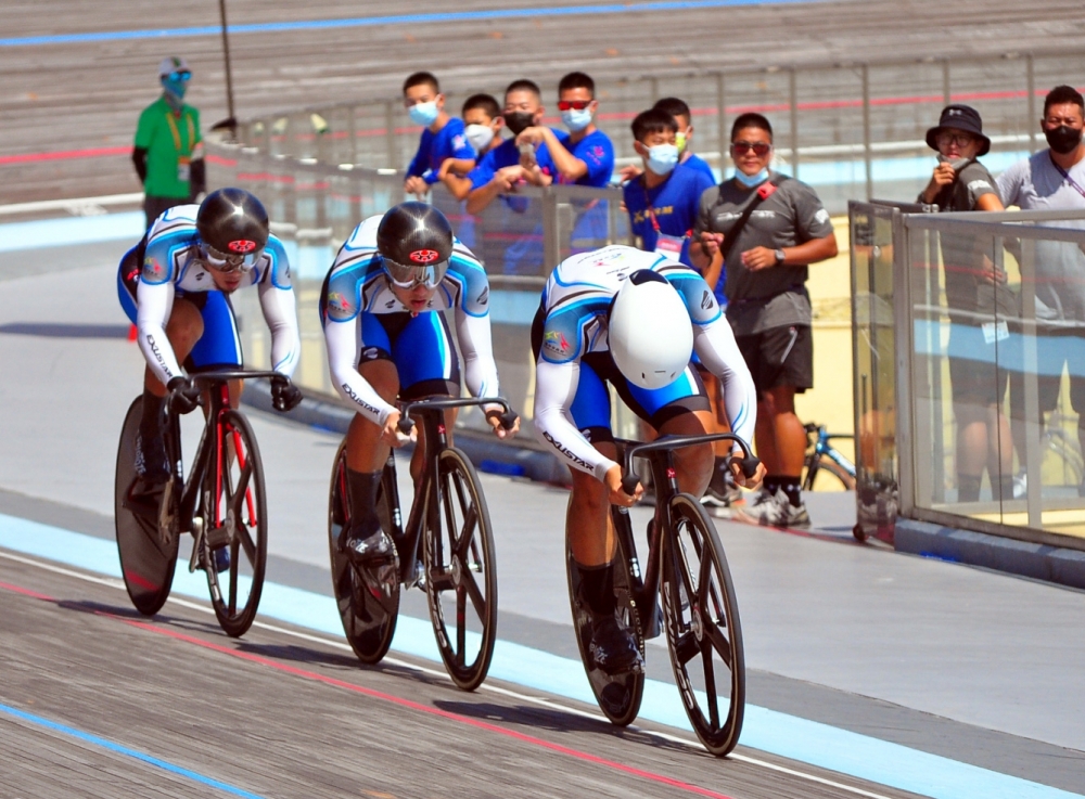 全運團隊競速賽決賽，臺中市飆出破大會的58秒935四連霸。大會提供（下同）。
