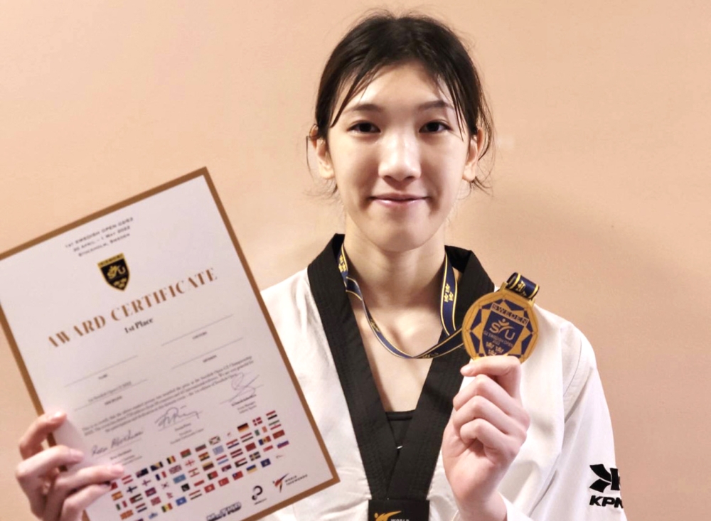 林唯均勇奪瑞典跆拳道公開賽女子53公斤級金牌。林唯均提供。