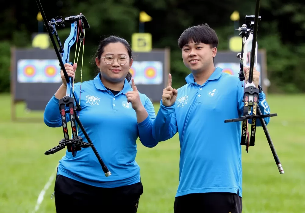 台體大張伃萱／鄭郁儒晉複合弓混雙金牌戰。林嘉欣／攝影。