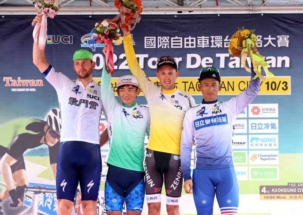 中華隊馮俊凱(右)搶下亞洲第一藍衫。中華民國自由車協會提供。下同。