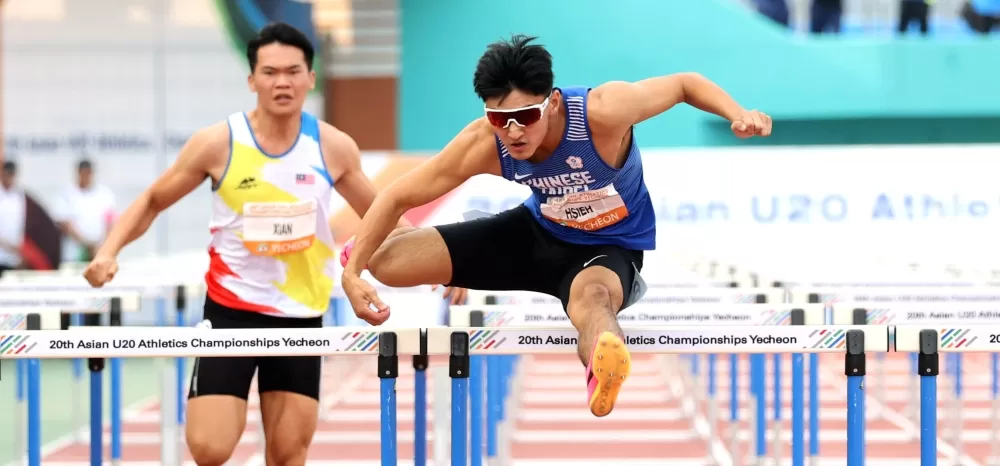 謝元愷在亞青田徑賽110公尺跨欄奪金。林嘉欣／攝影。